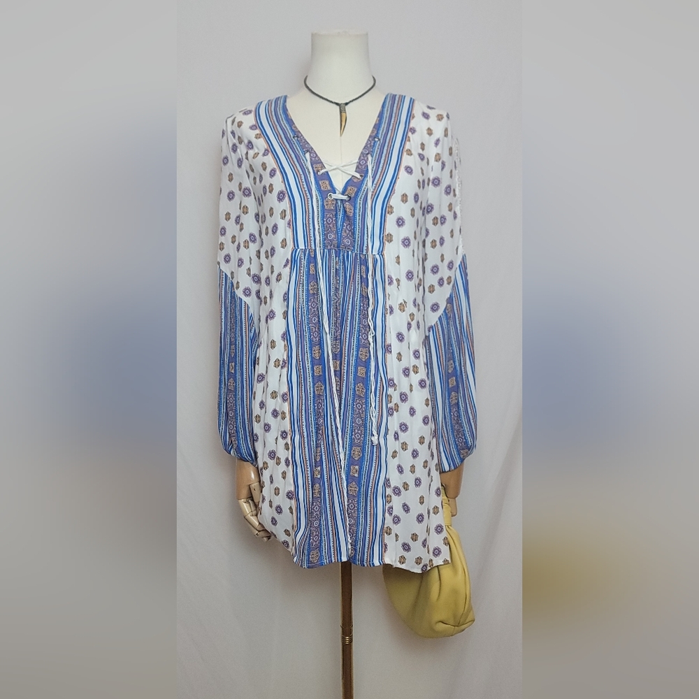 Free People Rain Shine Printed Lace-Up Swing Dress, Size XS